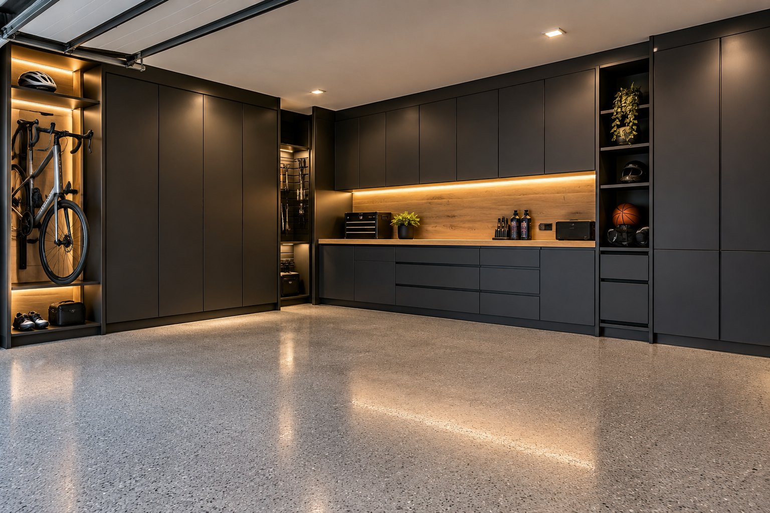 Custom garage cabinets with charcoal cabinetry, oak workbench and bike storage