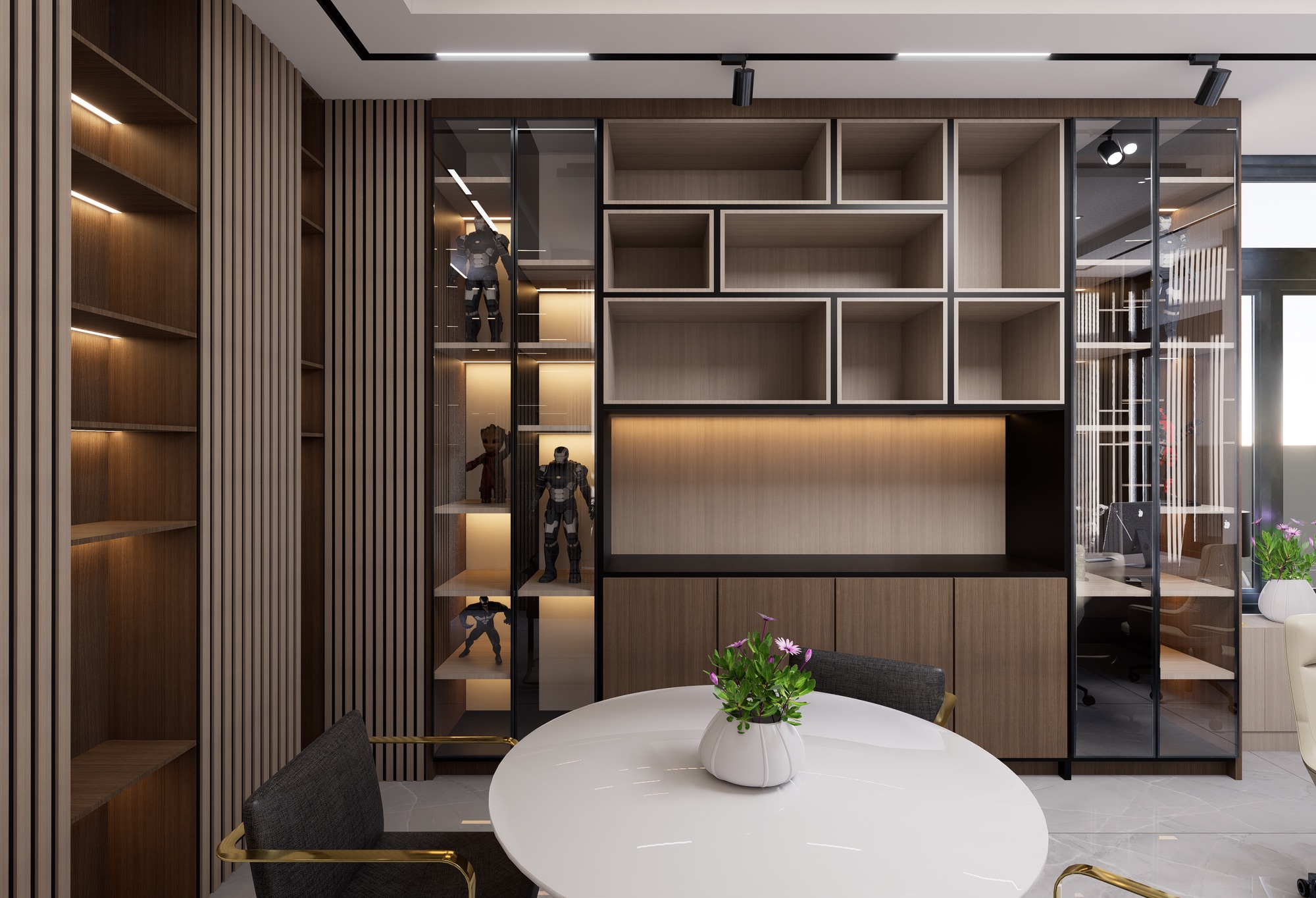 Architectural built-in display cabinetry in dark wood