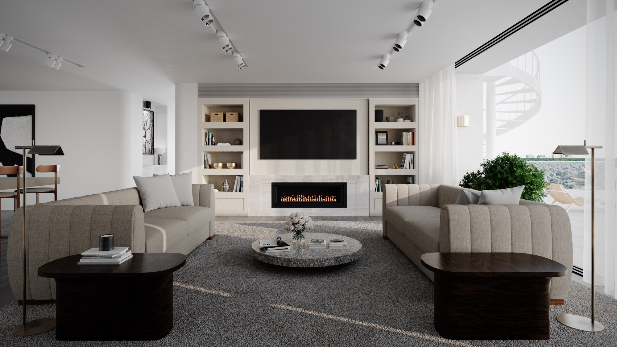 Living room with custom built-ins framing a modern fireplace
