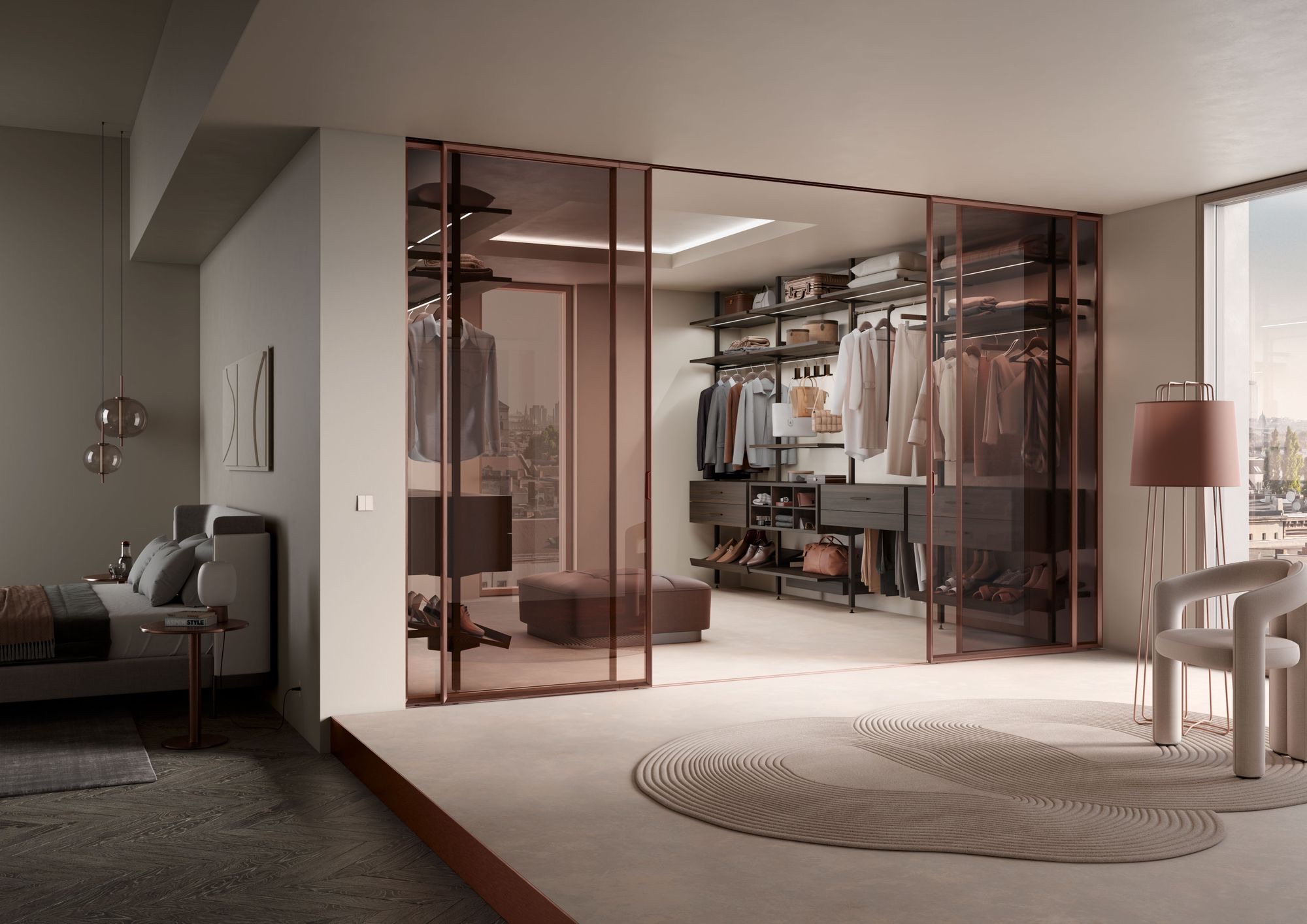 Glass-enclosed dressing room off a primary bedroom