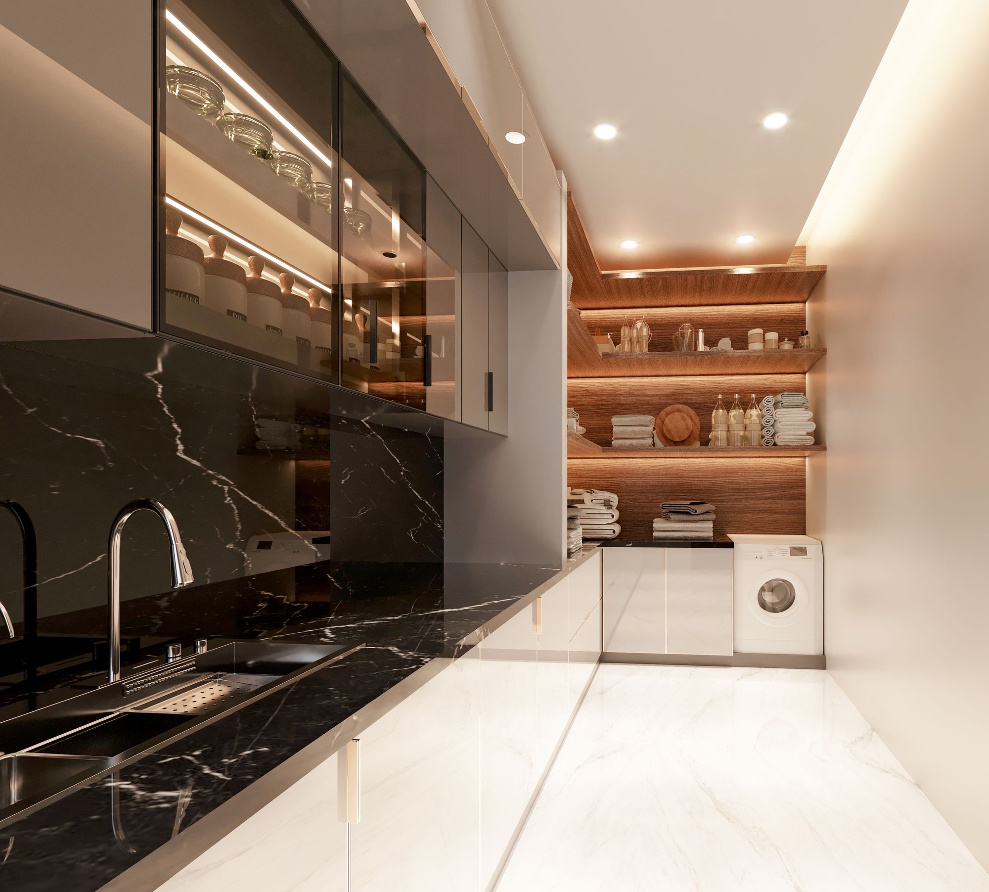 Laundry room with dark stone counters and open oak shelving