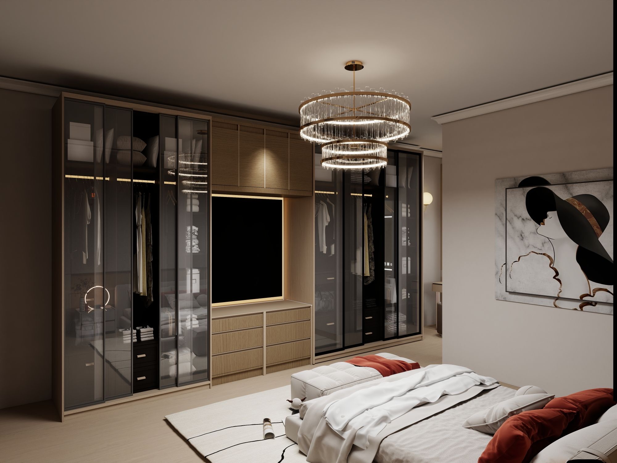 Custom wardrobe wall in a new construction primary bedroom